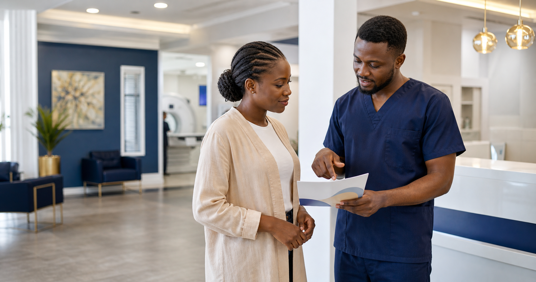 Diagnostic centre staff member explaining visit information to a patient